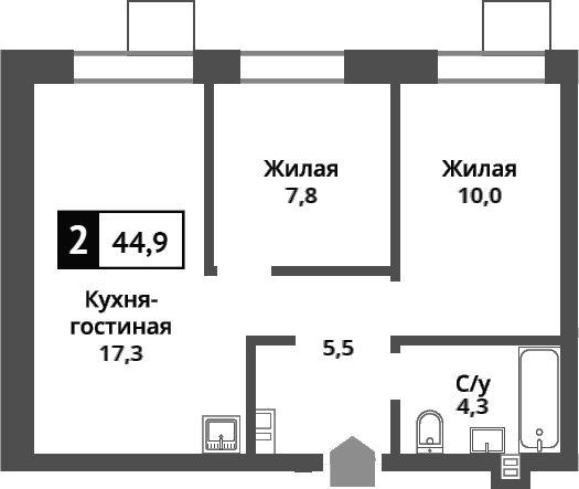 Планировка — Никольский квартал Отрада, 3-комн., 45 м²