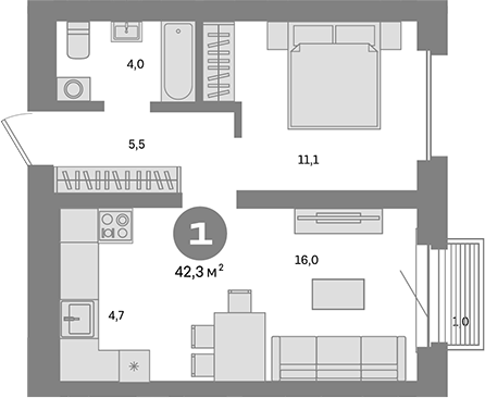 Планировка — Метроном, 1-комн., 41 м²