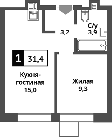 Планировка — Никольский квартал Отрада, 2-комн., 31 м²