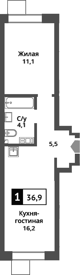 Планировка — Никольский квартал Отрада, 2-комн., 37 м²