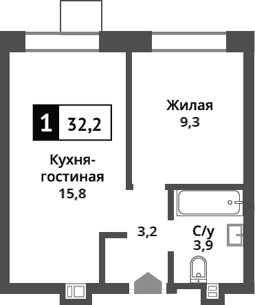 Планировка — Никольский квартал Отрада, 2-комн., 32 м²