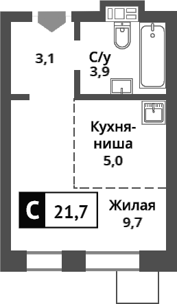 Планировка — Никольский квартал Отрада, Студия, 22 м²
