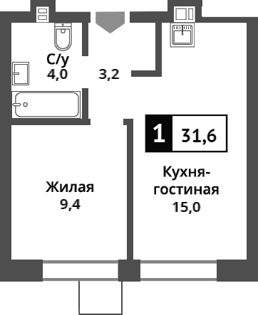 Планировка — Никольский квартал Отрада, 2-комн., 32 м²