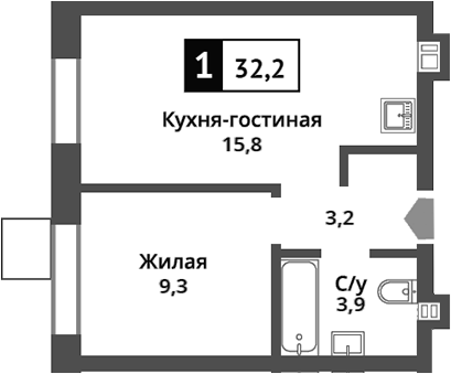 Планировка — Никольский квартал Отрада, 2-комн., 32 м²