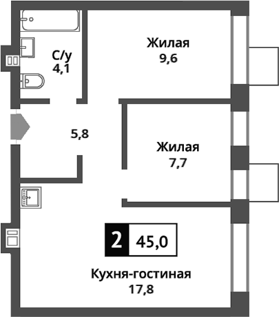 Планировка — Никольский квартал Отрада, 3-комн., 45 м²
