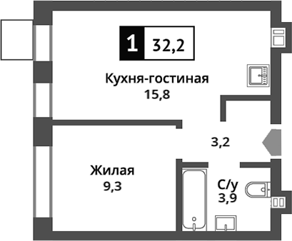 Планировка — Никольский квартал Отрада, 2-комн., 32 м²