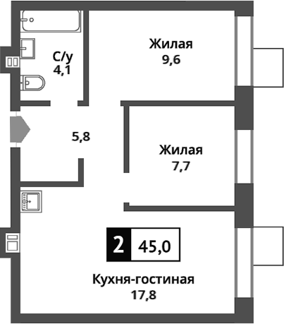 Планировка — Никольский квартал Отрада, 3-комн., 45 м²