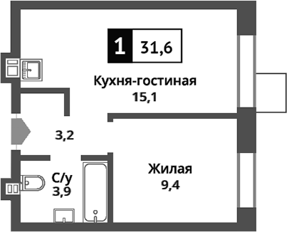 Планировка — Никольский квартал Отрада, 2-комн., 32 м²