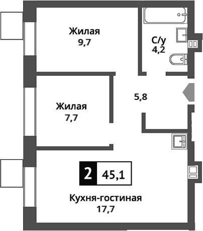 Планировка — Никольский квартал Отрада, 3-комн., 45 м²