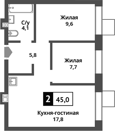 Планировка — Никольский квартал Отрада, 3-комн., 45 м²