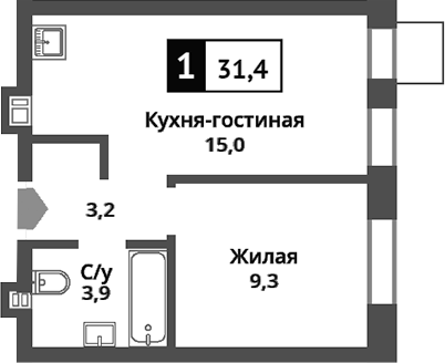 Планировка — Никольский квартал Отрада, 2-комн., 31 м²