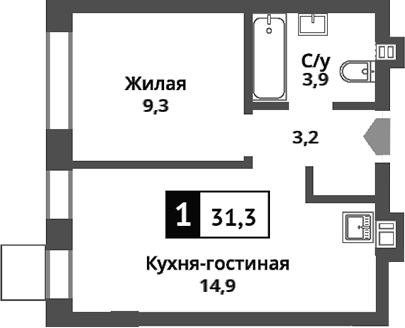 Планировка — Никольский квартал Отрада, 2-комн., 31 м²
