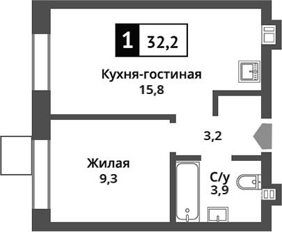Планировка — Никольский квартал Отрада, 2-комн., 32 м²