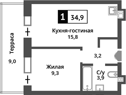 Планировка — Никольский квартал Отрада, 2-комн., 32 м²