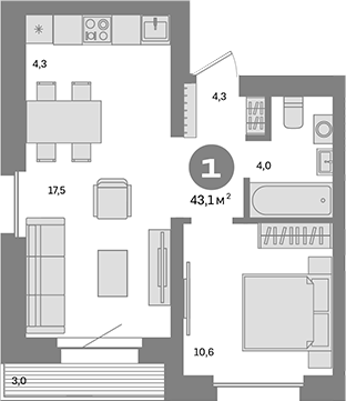 Планировка — Метроном, 1-комн., 40 м²