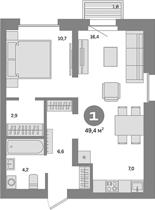 Планировка — Метроном, 1-комн., 48 м²
