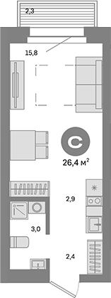 Планировка — Метроном, Студия, 24 м²