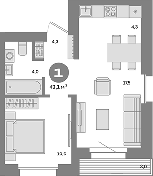 Планировка — Метроном, 1-комн., 40 м²