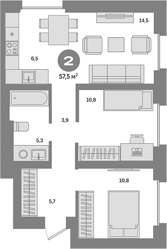 Планировка — Метроном, 2-комн., 58 м²