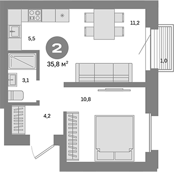 Планировка — Метроном, 1-комн., 35 м²