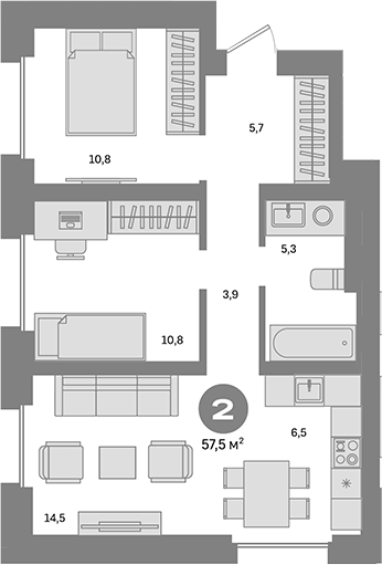 Планировка — Метроном, 2-комн., 58 м²