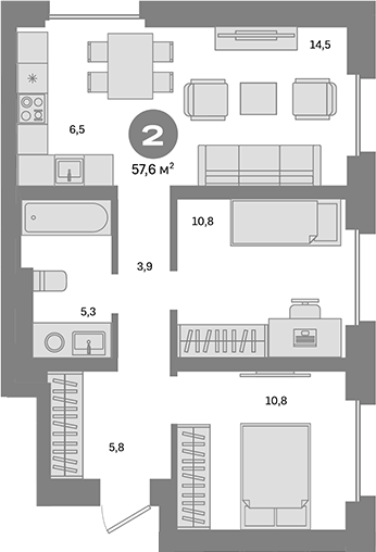 Планировка — Метроном, 2-комн., 58 м²