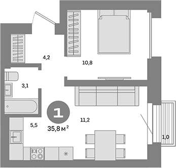 Планировка — Метроном, 1-комн., 35 м²