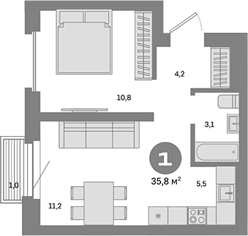 Планировка — Метроном, 1-комн., 35 м²