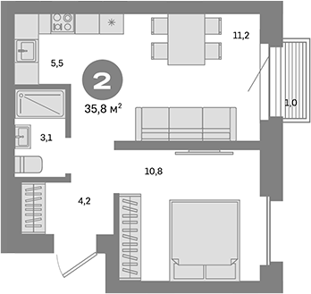Планировка — Метроном, 1-комн., 35 м²