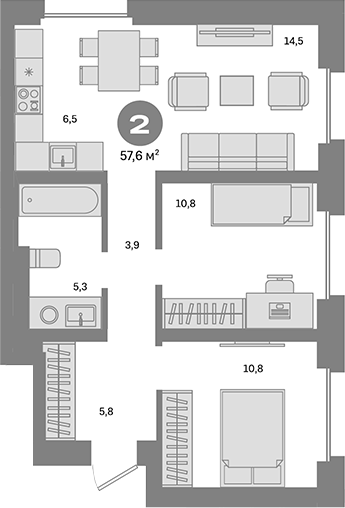 Планировка — Метроном, 2-комн., 58 м²