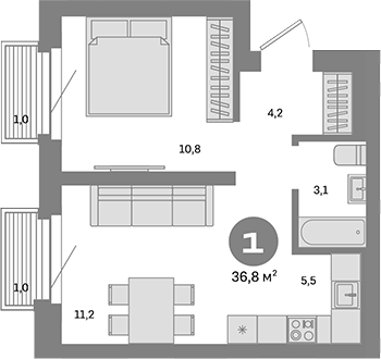 Планировка — Метроном, 1-комн., 35 м²