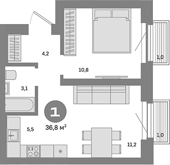 Планировка — Метроном, 1-комн., 35 м²