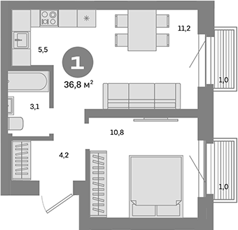 Планировка — Метроном, 1-комн., 35 м²