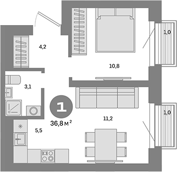 Планировка — Метроном, 1-комн., 35 м²