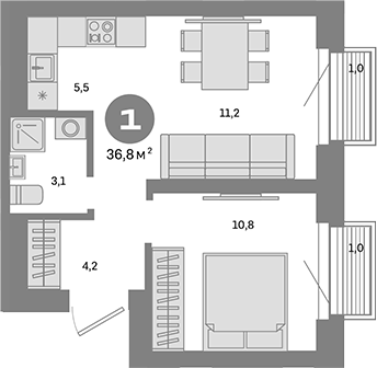 Планировка — Метроном, 1-комн., 35 м²