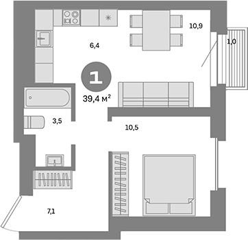 Планировка — Метроном, 1-комн., 38 м²