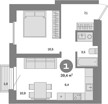 Планировка — Метроном, 1-комн., 38 м²