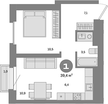 Планировка — Метроном, 1-комн., 38 м²