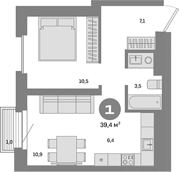 Планировка — Метроном, 1-комн., 38 м²