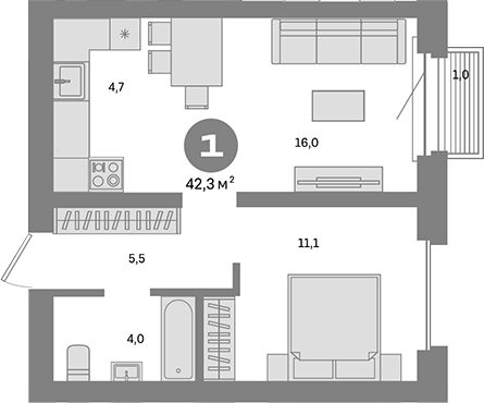 Планировка — Метроном, 1-комн., 41 м²