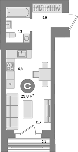 Планировка — Метроном, Студия, 28 м²