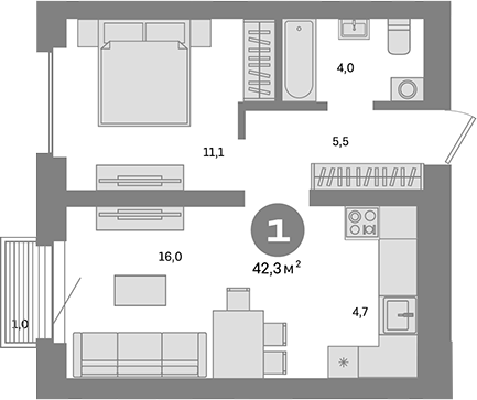 Планировка — Метроном, 1-комн., 41 м²