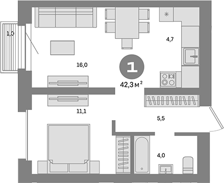 Планировка — Метроном, 1-комн., 41 м²