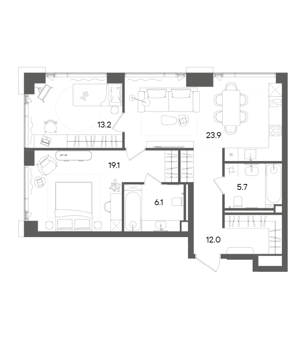 Планировка — СТОУН Грэйн, 3-комн., 80 м²