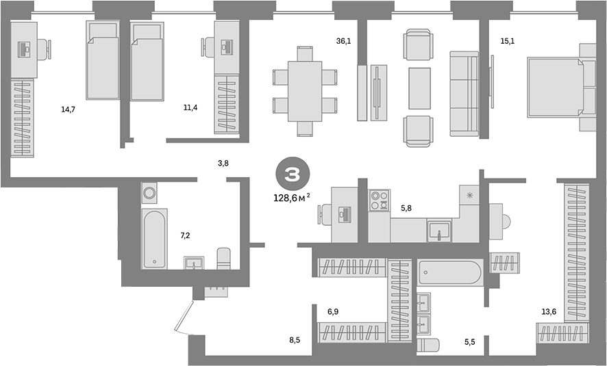 Планировка — Метроном, 3-комн., 129 м²