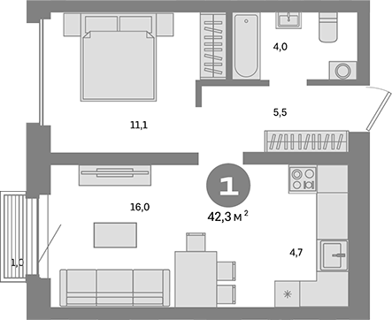 Планировка — Метроном, 1-комн., 41 м²