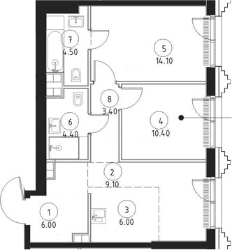 Планировка — Сет, 3-комн., 58 м²