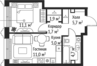 Планировка — Сет, 2-комн., 41 м²