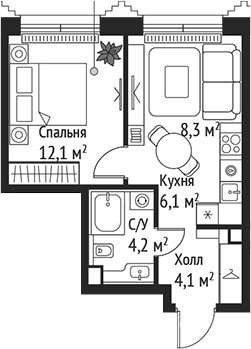 Планировка — Сет, 2-комн., 35 м²