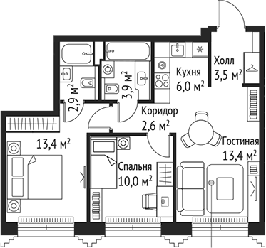 Планировка — Сет, 3-комн., 56 м²